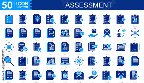 Assessment  icon collection set. Containing evaluation, concept, analysis, risk, management, test, Survey, Audit, Business, questionnaire icon