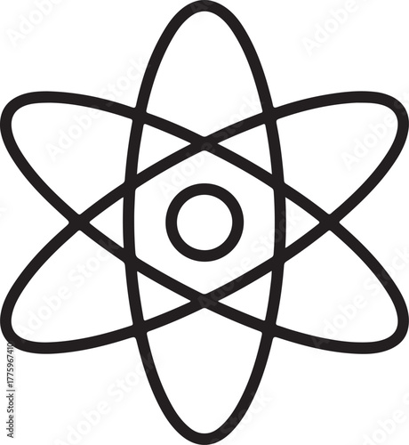 Stylized atom symbol with orbiting electrons on a white background