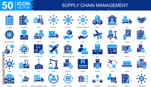 Supply Chain Management icon collection set. Containing management, Industry, Supply Chain, distribution, Logistics, warehouse icon
