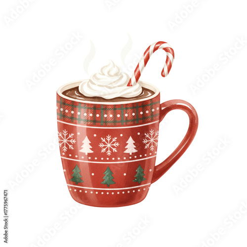 Christmas Hot Chocolate Mug Clipart | Red Cup with Candy Cane & Whipped Cream PNG