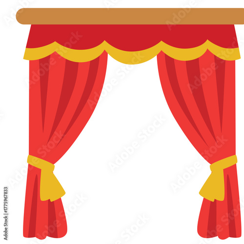Vibrant red theater curtain with yellow scalloped valance, ideal for performance, cinema, or grand entrance.