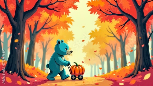 Manga style Autumn Forest animal illustration scene