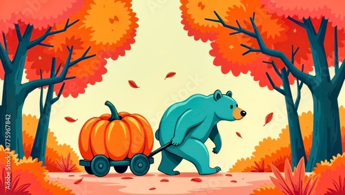 Manga style Autumn Forest animal illustration scene