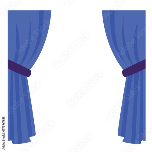Wide-folded blue curtains with purple ties, perfect for bold, dramatic, or high-end interior presentations.