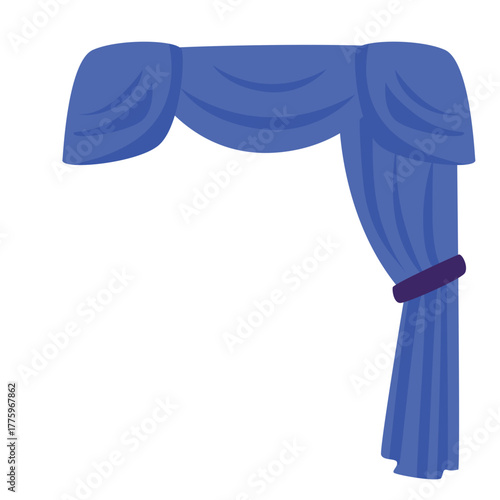 Symmetrical blue curtains with deep folds and purple ties, suitable for luxury, formal, or stage backdrops.