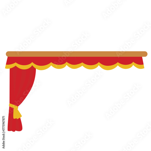 Red curtain with scalloped yellow valance and golden tieback, perfect for theatrical, royal, or circus-themed visuals.