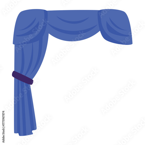 Blue curtain corner with purple tie and soft drape, adding sophistication to bedroom, theater, or event decor.