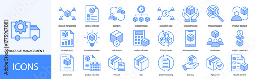 Product Management icon collection set. Containing product checklist, teamwork, product timeline, production cost, product shipping, Product research icon