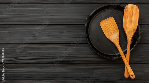 Cast iron skillet with wooden spatula and spoon on dark wood background, rustic kitchen utensils evoking cozy cooking mood