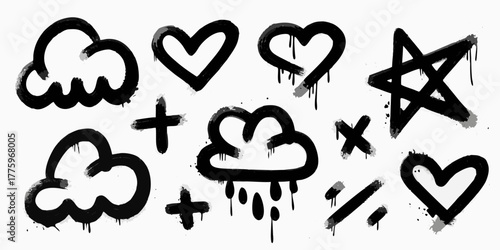 Collection of black graffiti style hand drawn icons including clouds hearts stars crosses and plus signs with dripping paint effect