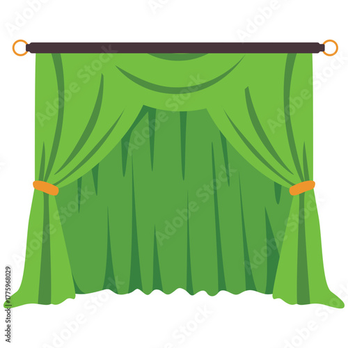 Natural green curtain with flowing folds and golden tiebacks, suitable for eco, garden, or spa-themed designs.
