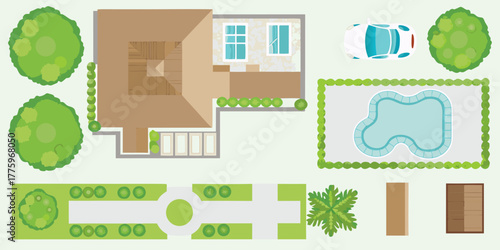 Top view illustration of a modern house with a swimming pool car driveway and landscaping elements