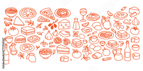 Hand drawn italian food set. Mediterranean lunch and dinner doodle icons. Pasta, olive, pizza, cheese, tomato, lemon, wine. Dolce vita aesthetics. Perfect for print, design menu, sticker.