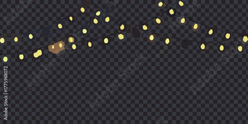 Festive string lights with warm yellow bulbs illuminate a dark checkered background