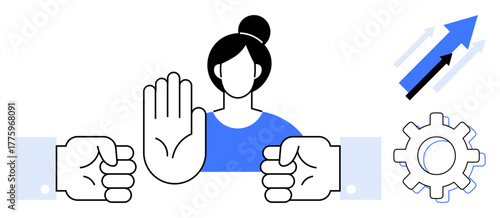 Woman raising hand in a stopping gesture between two fists, surrounded by a gear and arrows, signifying conflict resolution, teamwork, boundaries, leadership, problem-solving, growth