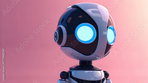 A cute robot with glowing blue eyes and a black and white body against a pink background in a studio