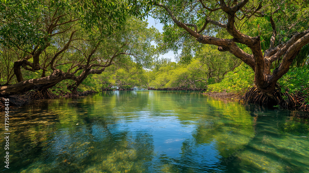 Fototapeta premium mangrove trees by tropical coastline, crystal clear water reflections, vibrant green foliage