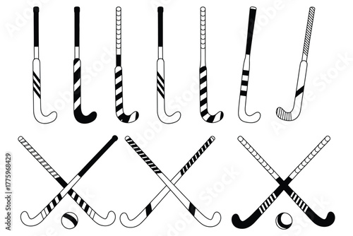 Black and white field hockey stick vector illustrations featuring crossed sticks with ball, hand-drawn style for sports branding, team logos, posters, apparel, websites, and promotional materials.