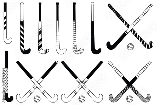 Black and white field hockey stick vector illustrations featuring crossed sticks with ball, hand-drawn style for sports branding, team logos, posters, apparel, websites, and promotional materials.