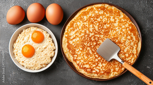 Golden pancake on plate with spatula and eggs in bowl and shell eggs on countertop, warm homemade breakfast and inviting texture