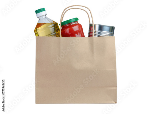 A brown paper bag filled with assorted grocery items including bottles and cans.