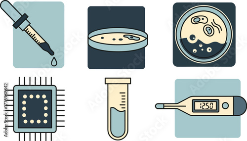Uncommon Science Lab Icons Set with Pipette, Petri Dish, Microchip, Centrifuge Tube, and Digital Thermometer