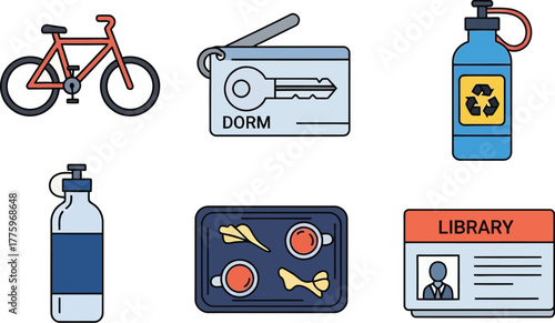 Smart Campus Life Icon Set with Bicycle, Dorm Keycard, Reusable Bottle, Cafeteria Tray, and Library ID