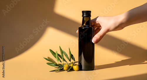 Olive Oil Bottle and Olive Branch Still Life – Warm Editorial Scene