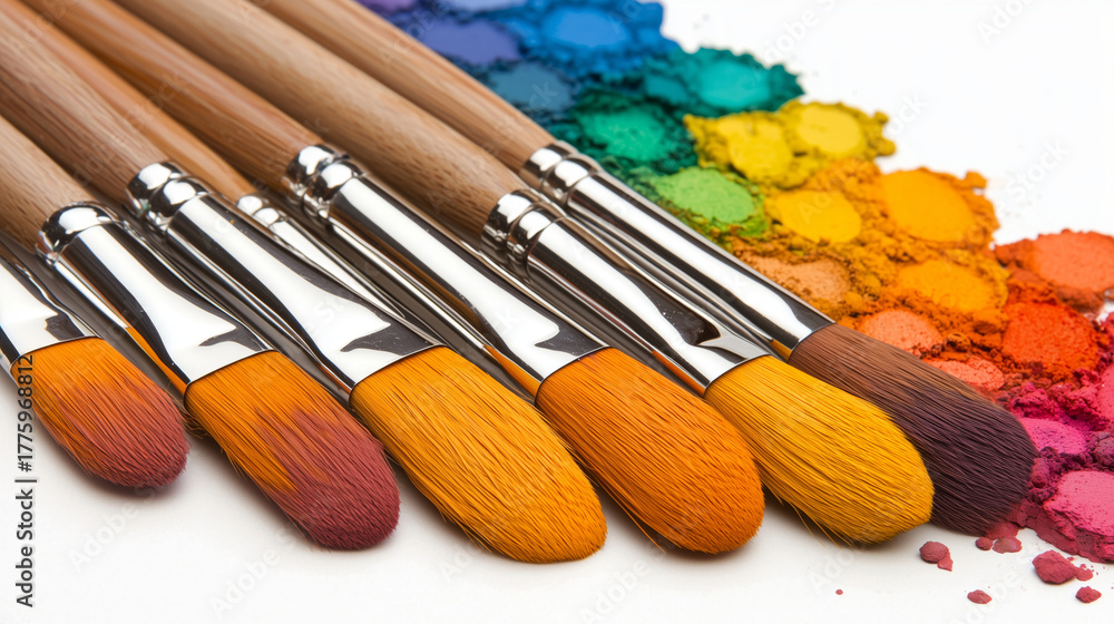 Fototapeta premium Paintbrush bristles in warm tones with rainbow powdered pigments and wooden handles evoking creative joy and artistic play