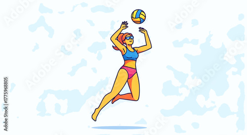Woman playing beach volleyball, jumping to hit the ball during a sunny day