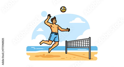 Dynamic illustration of a man playing beach volleyball, jumping to spike the ball on a sunny shore