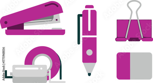 Stationery Box Essentials Icon Set with Stapler, Tape Roller, Pen Drive, Notebook Clip, and Eraser Block
