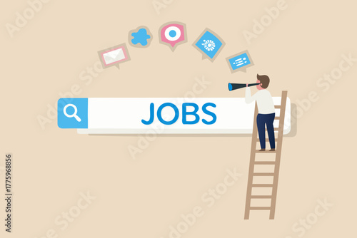 Man on ladder looking through telescope at jobs search bar and icons representing opportunities