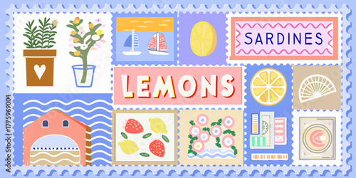 Whimsical collection of illustrated postage stamps featuring lemons sardines and coastal scenes