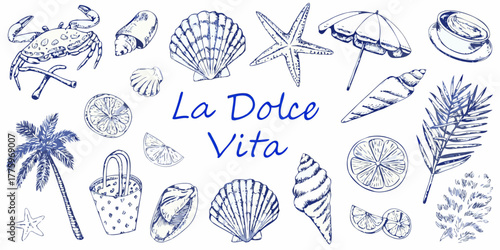 La dolce vita italian summer lifestyle collection with beach elements and citrus fruits