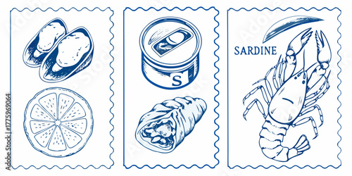 Hand drawn sketch of seafood ingredients including mussels canned sardines a lemon slice and a shrimp