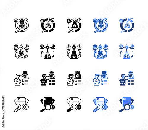Allocation, Balance, Tracking, Audit multiple style icon set.