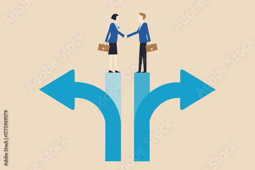 Business partners shaking hands on separate platforms above diverging arrows representing different paths forward