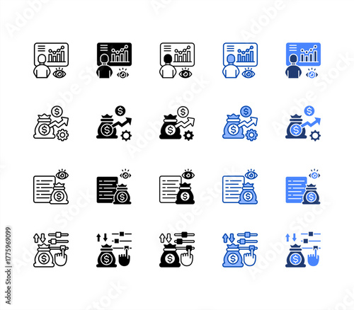 Monitoring, Optimization, Control, Adjustment multiple style icon set.