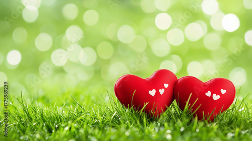 Red heart decoration on green grass with bokeh light background conveying romantic affection and spring mood