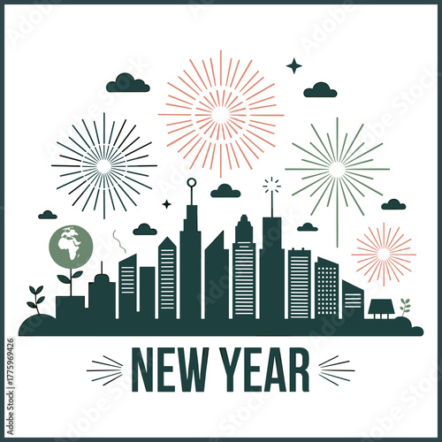 vector illustration of city skyline powered by renewable energy sources celebrating New Year