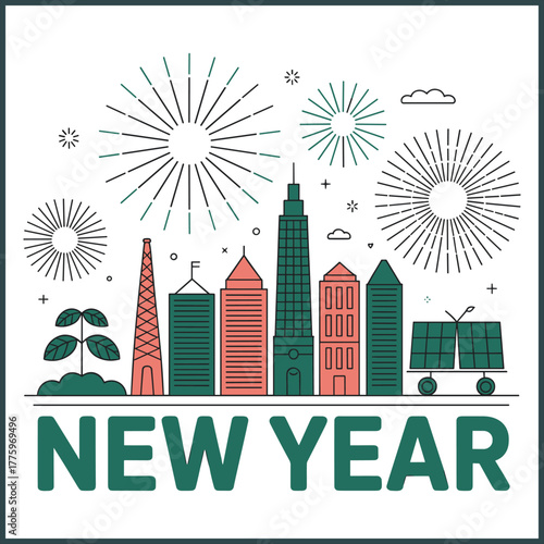 vector illustration of city skyline powered by renewable energy sources celebrating New Year
