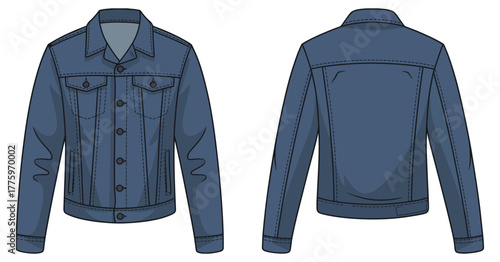 Blue denim jacket vector illustration showing front and back view with collar, pockets, seams, cuffs, and waistband, ideal for fashion design, technical templates, apparel sketches, clothing branding