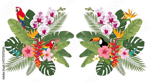 Vibrant Tropical Birds & Flowers Symmetrical Vector Art: Macaws, Toucan, Hummingbirds, Orchids, Hibiscus, Lush Foliage