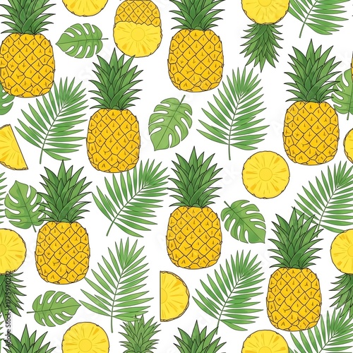 Vibrant Tropical Pineapple and Green Leaf Seamless Pattern on White Background