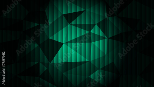Abstract dark green background with geometric shapes and vertical line pattern art