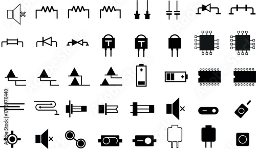 Collection of electronic component symbols and icons, including resistors, capacitors, transistors, integrated circuits, and connectors, isolated on white background