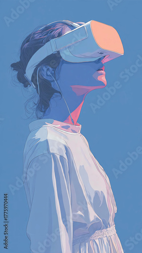 Woman experiencing immersive virtual reality, exploring a digital landscape with advanced VR headset, embodying future technology and interactive digital worlds