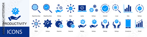 Productivity icon collection set. Containing Share, Laptop, Settings, Checked, Loupe, Stats icon