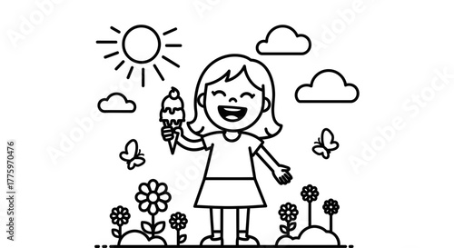 Joyful child happily eating ice cream on a sunny day outdoors surrounded by flowers and butterflies.